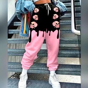 Ladies Pink Skull Printed Joggers Size Xl